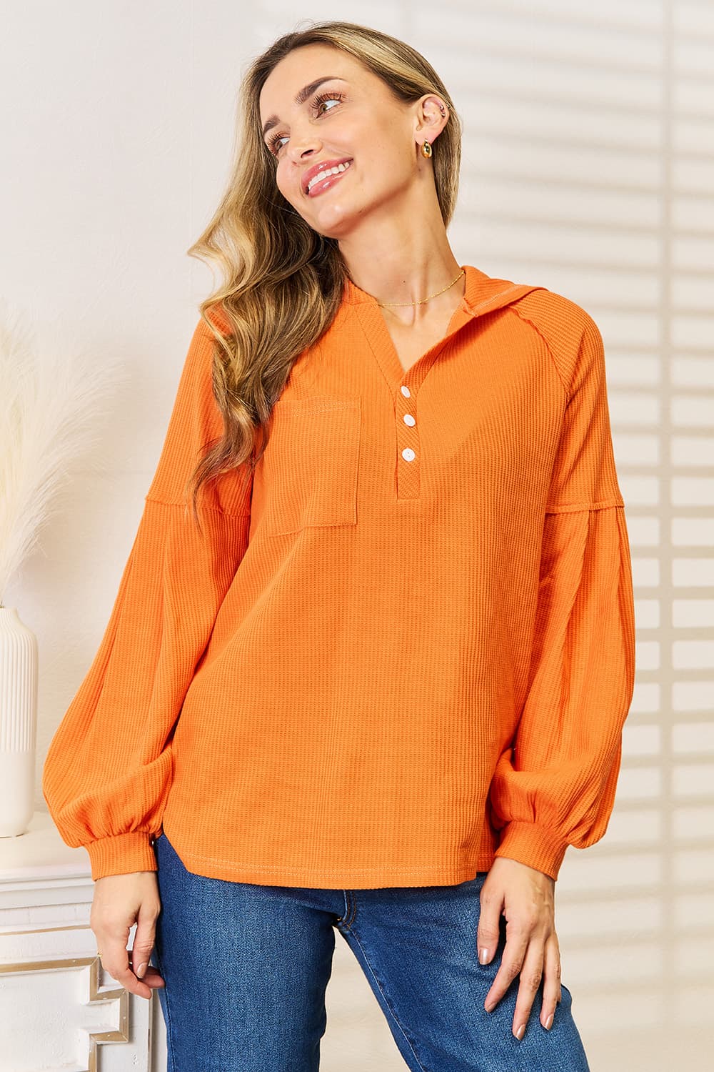 Basic Bae Side Slit Buttoned Waffle Knit Hoodie - PBNJ FASHIONS