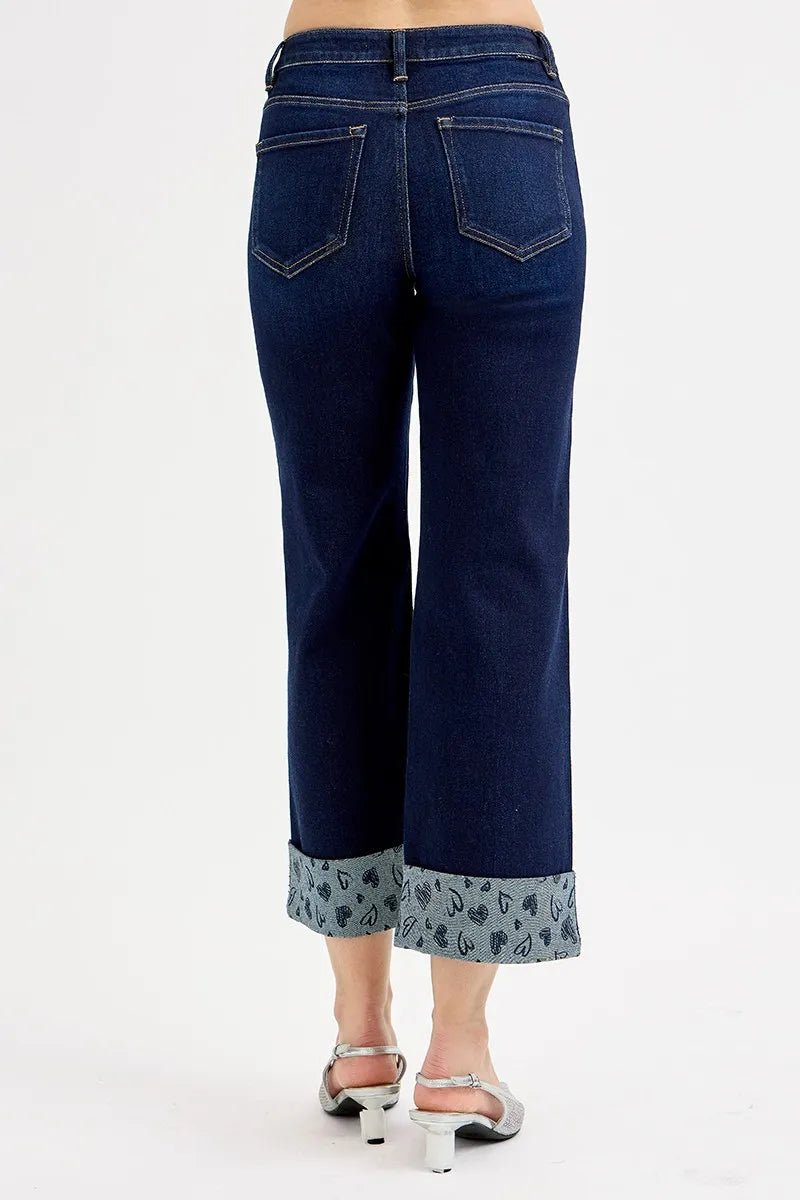 RISEN Full Size Mid Rise Fit Crop Wide With Printed Cuff Jeans Plus Size - PBNJ FASHIONS