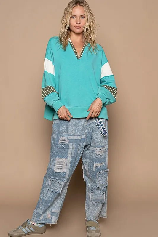 POL Exposed Seam Floral Patchwork French Terry Hoodie - PBNJ FASHIONS