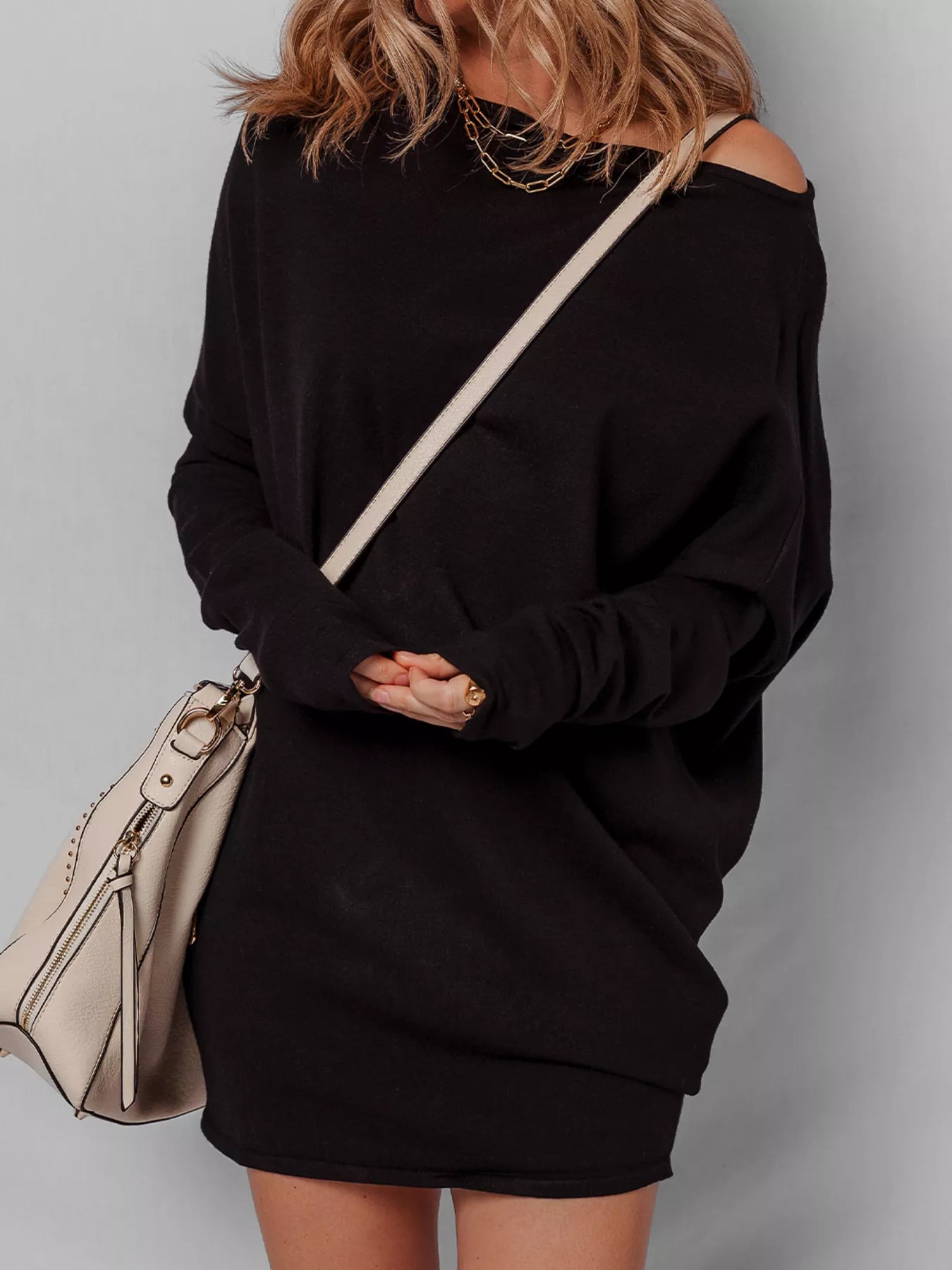 Asymmetric Neck Batwing Sleeve Shift Mini Sweater Dress - PBNJ FASHIONS
