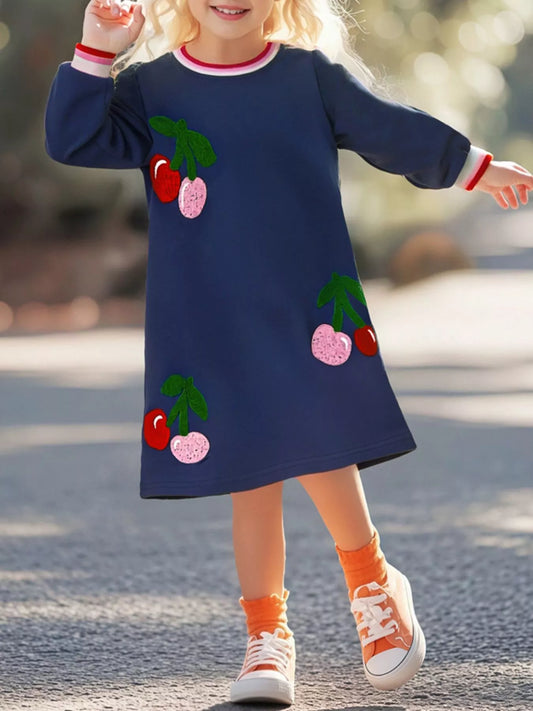 Children's Cherry Appliqued Long Sleeve Dress - PBNJ FASHIONS