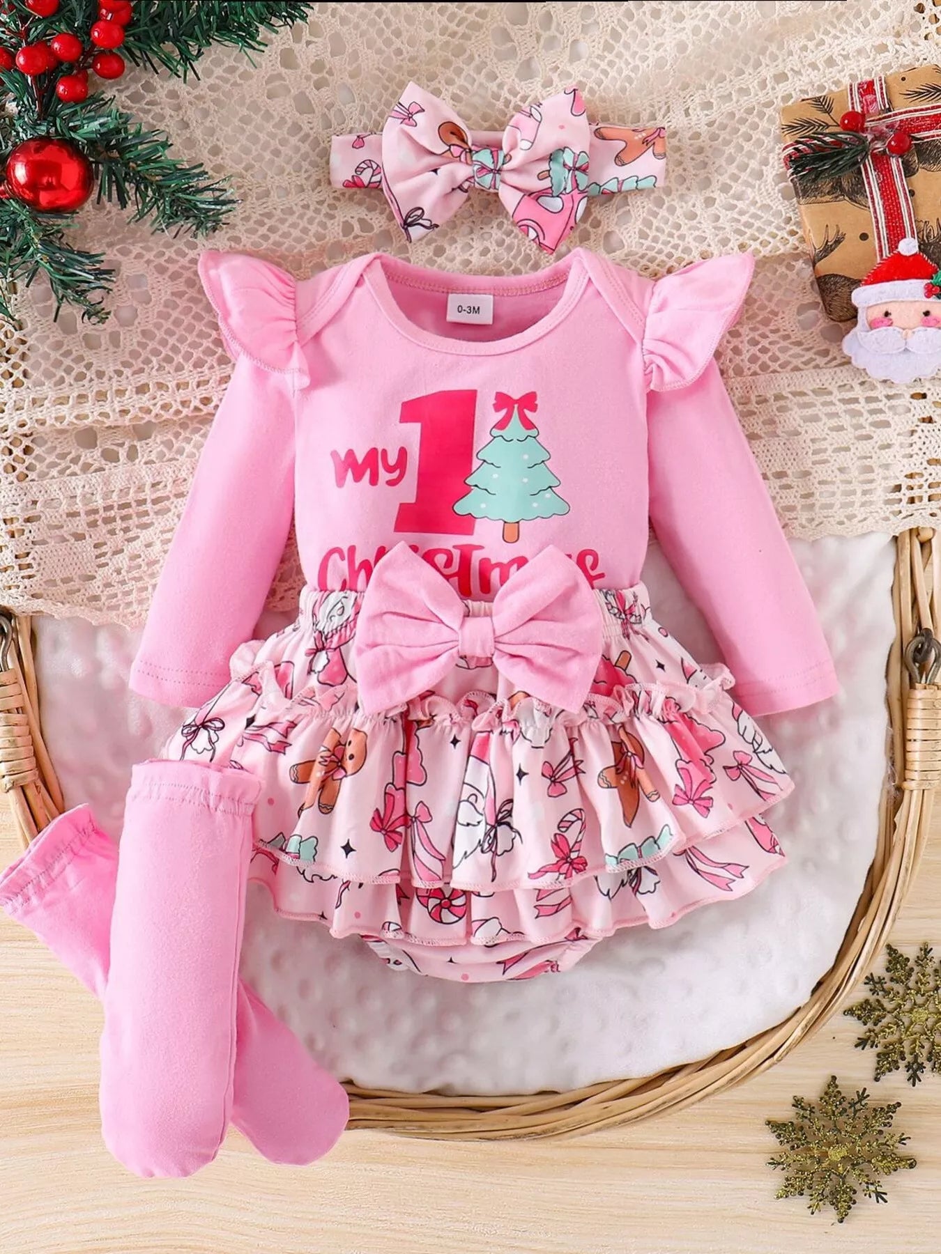 Children's Christmas Ruffled Long Sleeve Top and Skirt Set with Headband - PBNJ FASHIONS