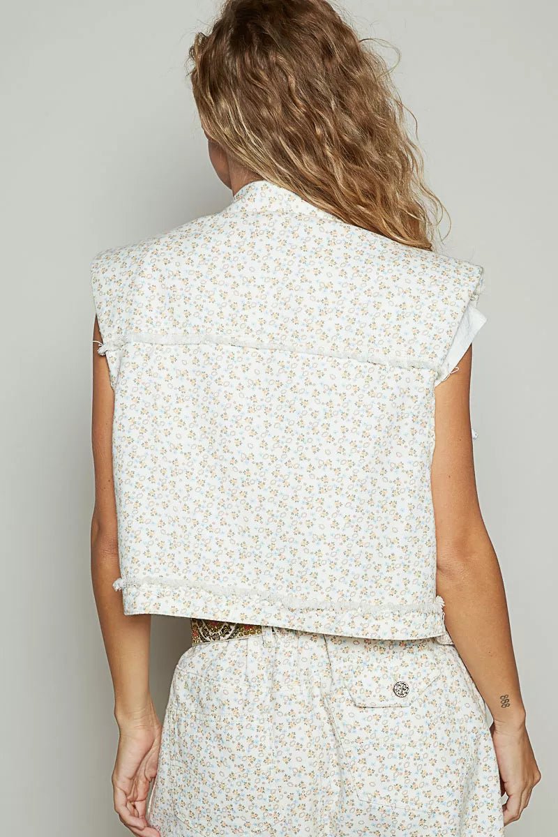 POL Assymetrical Front Closure Raw Hem Floral Denim Vest - PBNJ FASHIONS