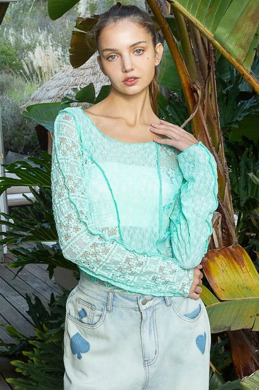 POL Exposed Seam Long Sleeve Lace Knit Top - PBNJ FASHIONS