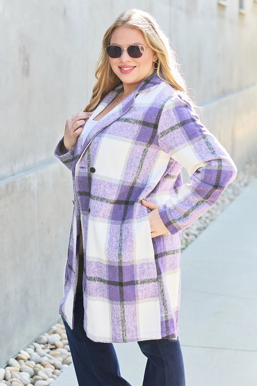 Double Take Full Size Plaid Button Up Lapel Collar Coat - PBNJ FASHIONS
