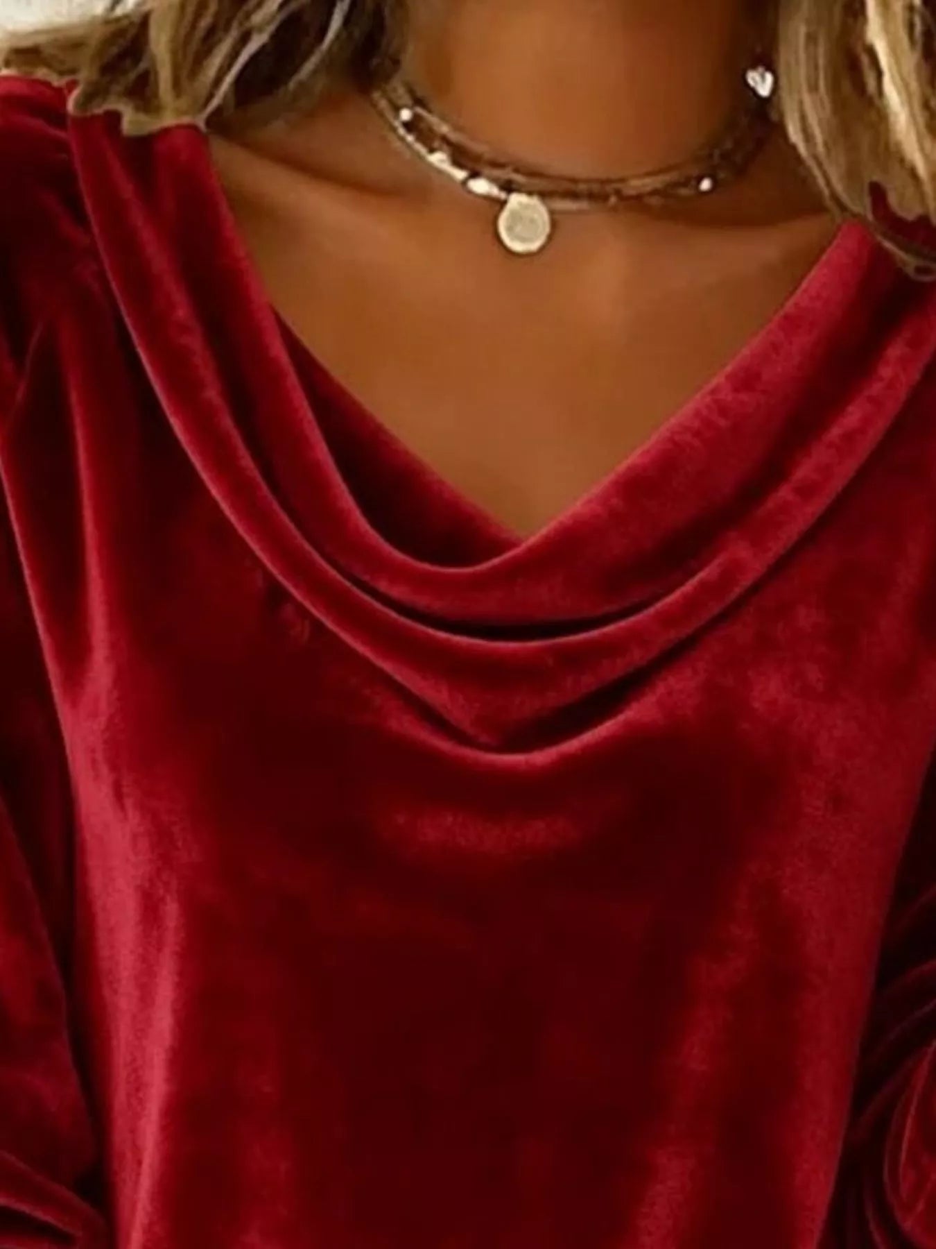 Velvet Cowl Neck Long Sleeve T-Shirt - PBNJ FASHIONS