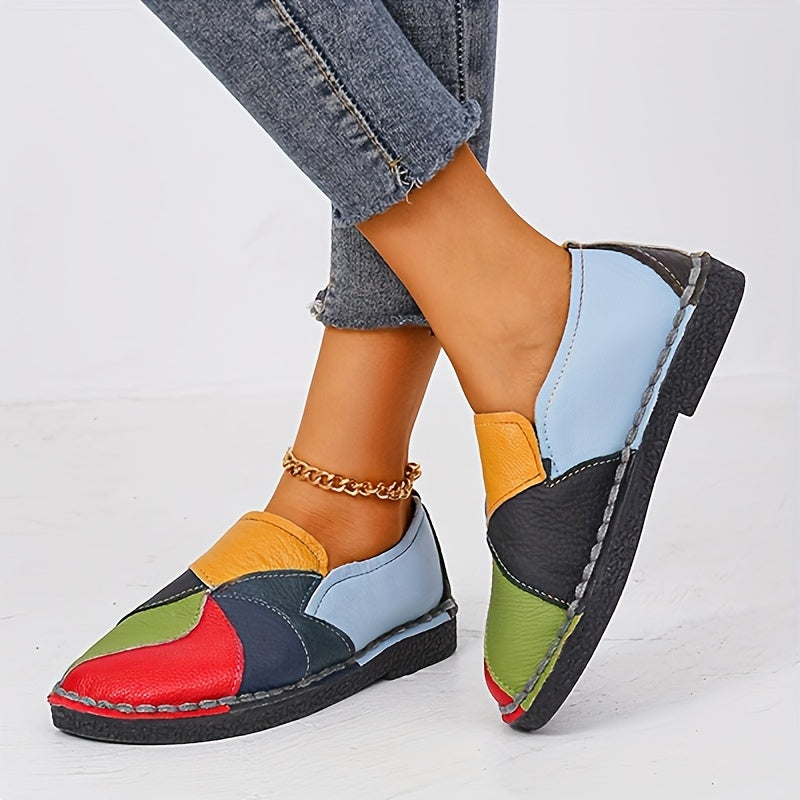 [Fashion Loafers] Soft Colorblock Women's Flat Loafers | Fashion Round Toe Slip On Faux Leather Shoes, Casual Walking Anti-skid Shoes