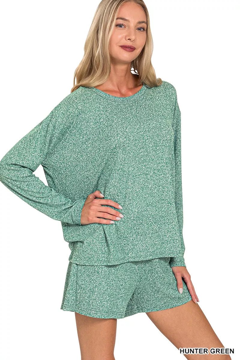Zenana Soft Melange Long Sleeve Tee and Shorts Set - PBNJ FASHIONS