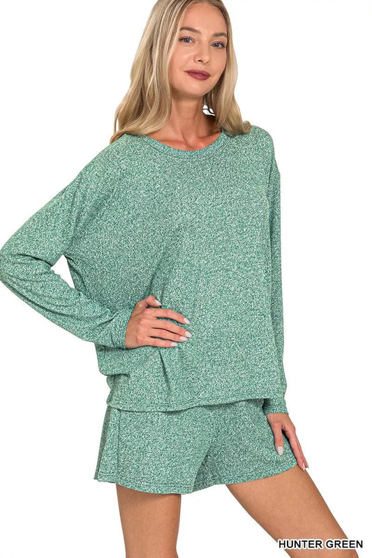 Zenana Soft Melange Long Sleeve Tee and Shorts Set - PBNJ FASHIONS