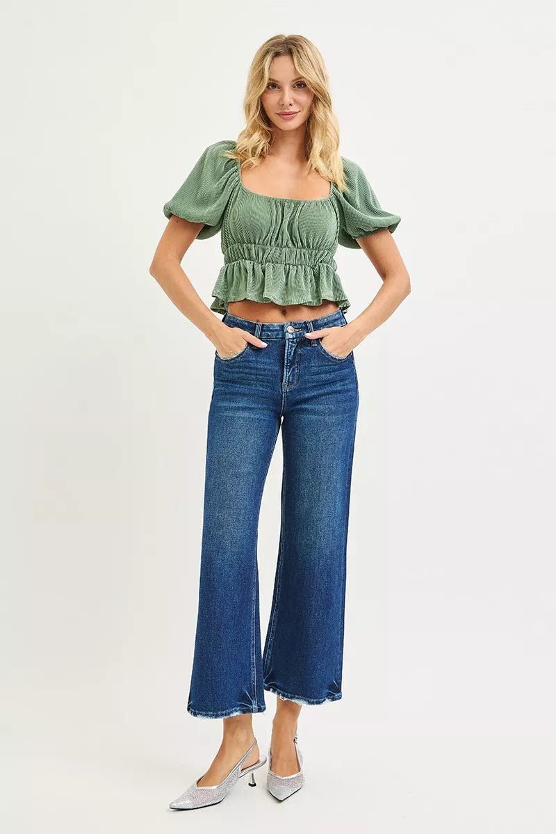 RISEN Tummy Control 4 Way Stretch High Rise Crop Wide Leg Jeans - PBNJ FASHIONS