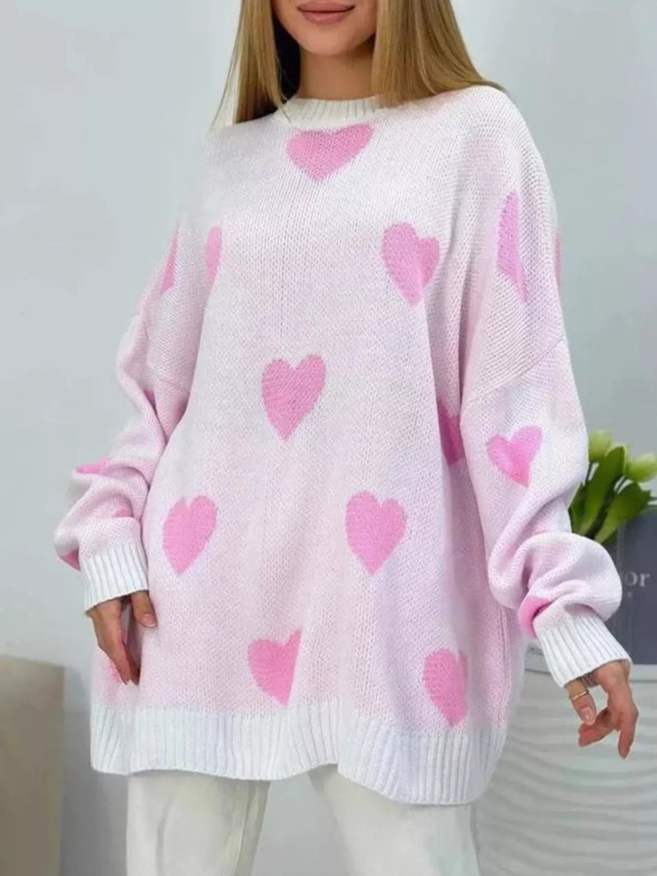 Heart Round Neck Oversized Knit Sweater - PBNJ FASHIONS