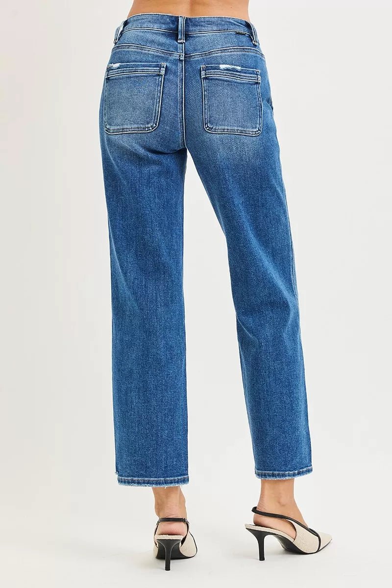RISEN High Rise Ankle Straight Distressed Hem Detail Jeans - PBNJ FASHIONS