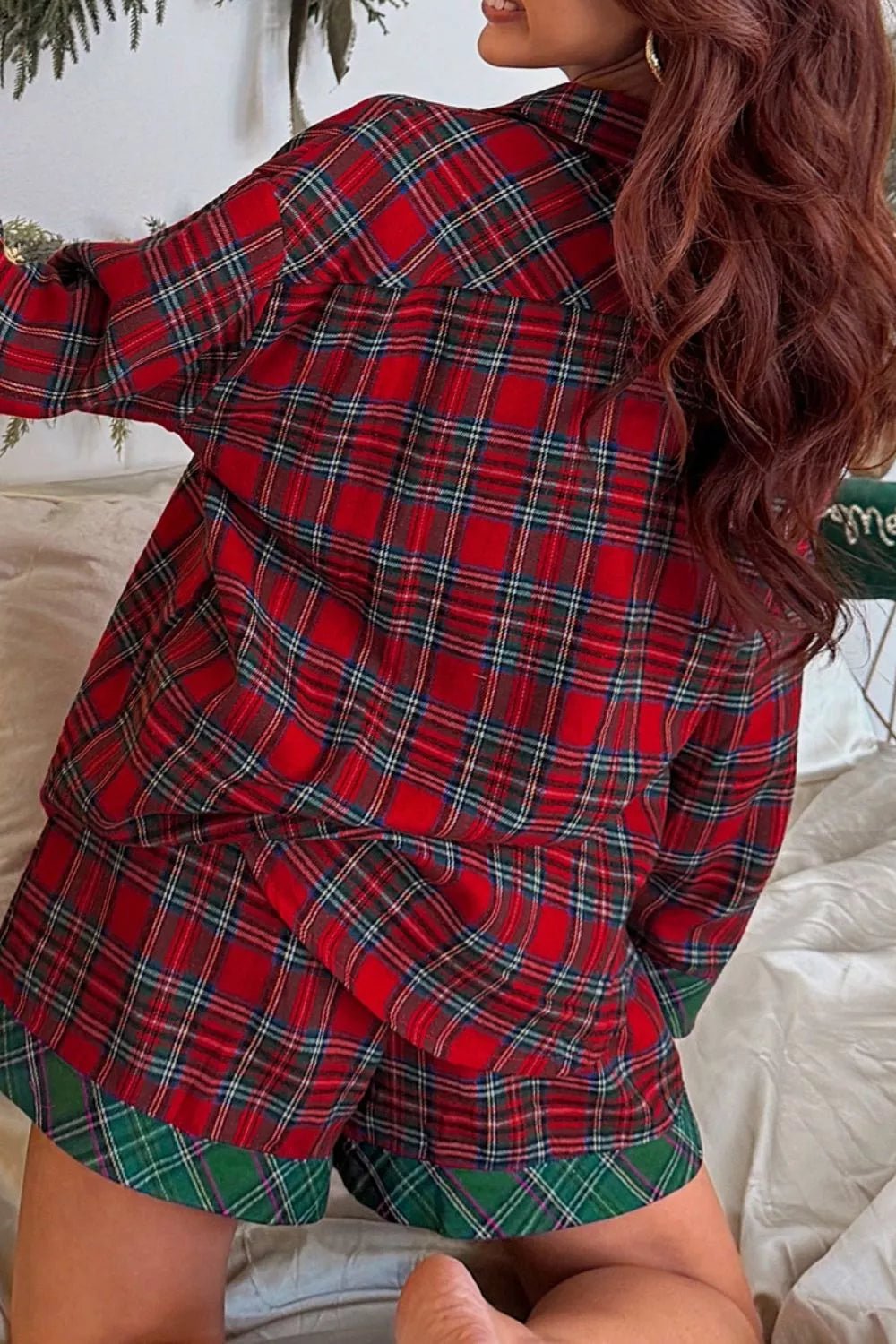 Plaid Contrast Patched Christmas Holiday Long Sleeve Shirt and Short 2pcs Pajama Set - PBNJ FASHIONS