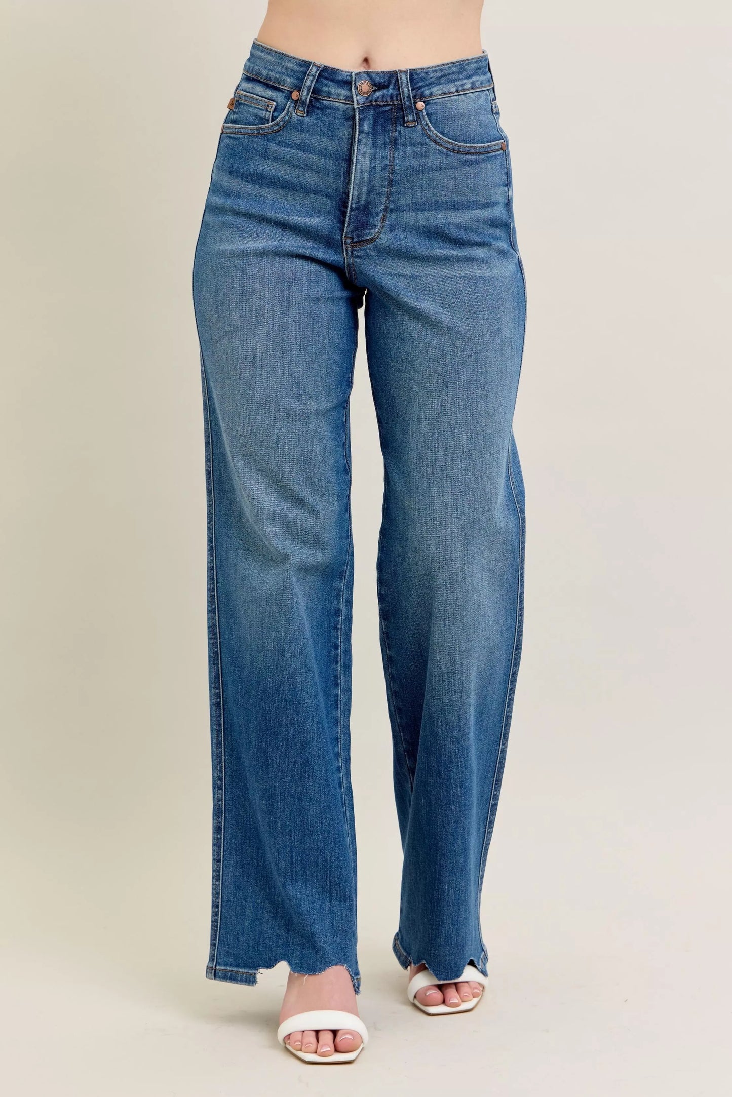 Judy Blue Full Size High Waist Tummy Control Chew Hem Destroy Wide Jeans Plus Size - PBNJ FASHIONS