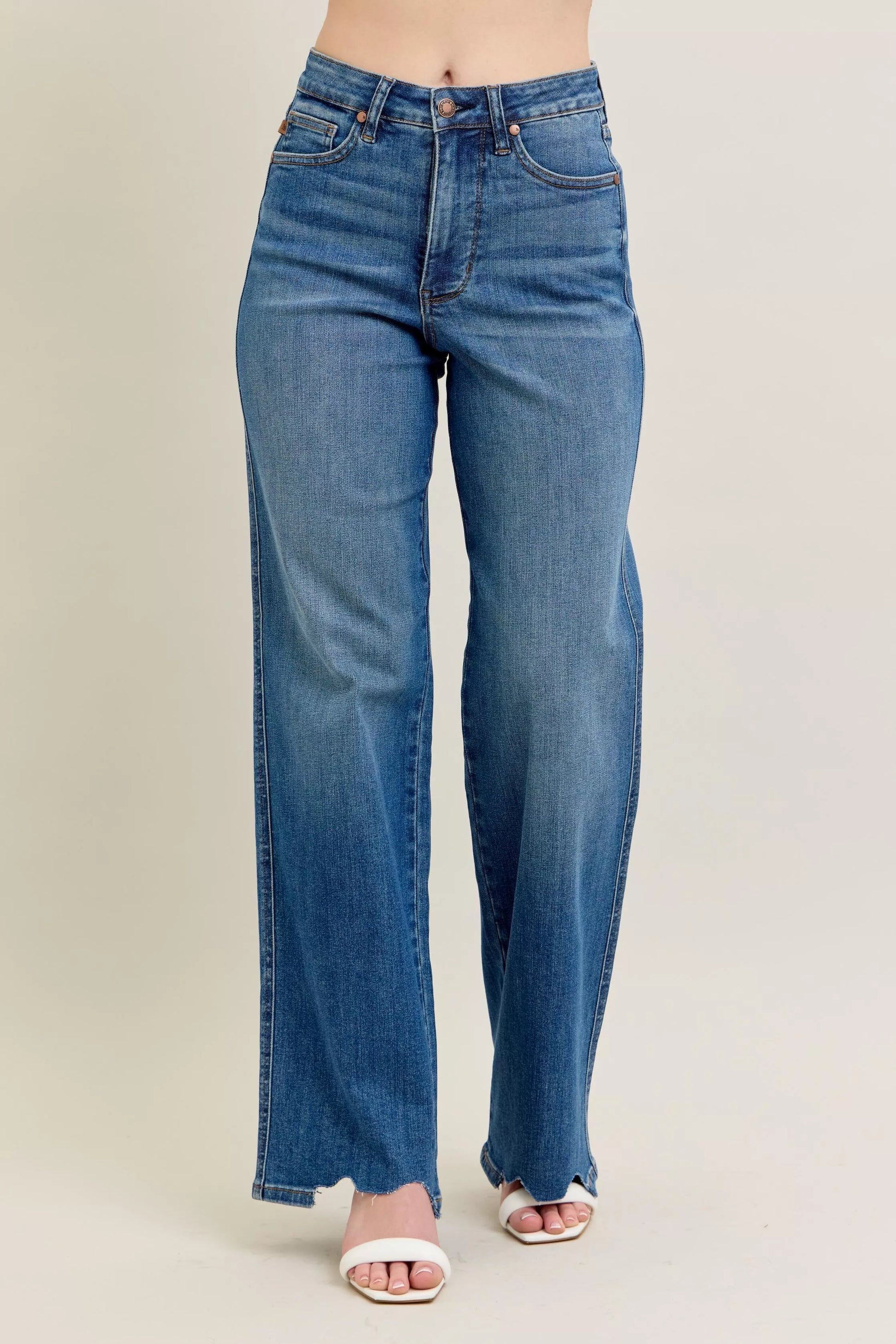 Judy Blue Full Size High Waist Tummy Control Chew Hem Destroy Wide Jeans Plus Size - PBNJ FASHIONS