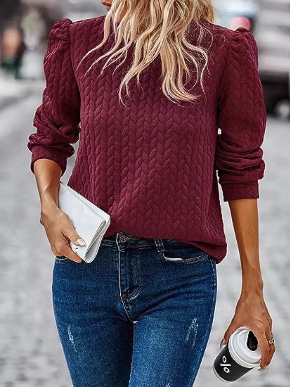 Textured Round Neck Long Sleeve Blouse - PBNJ FASHIONS