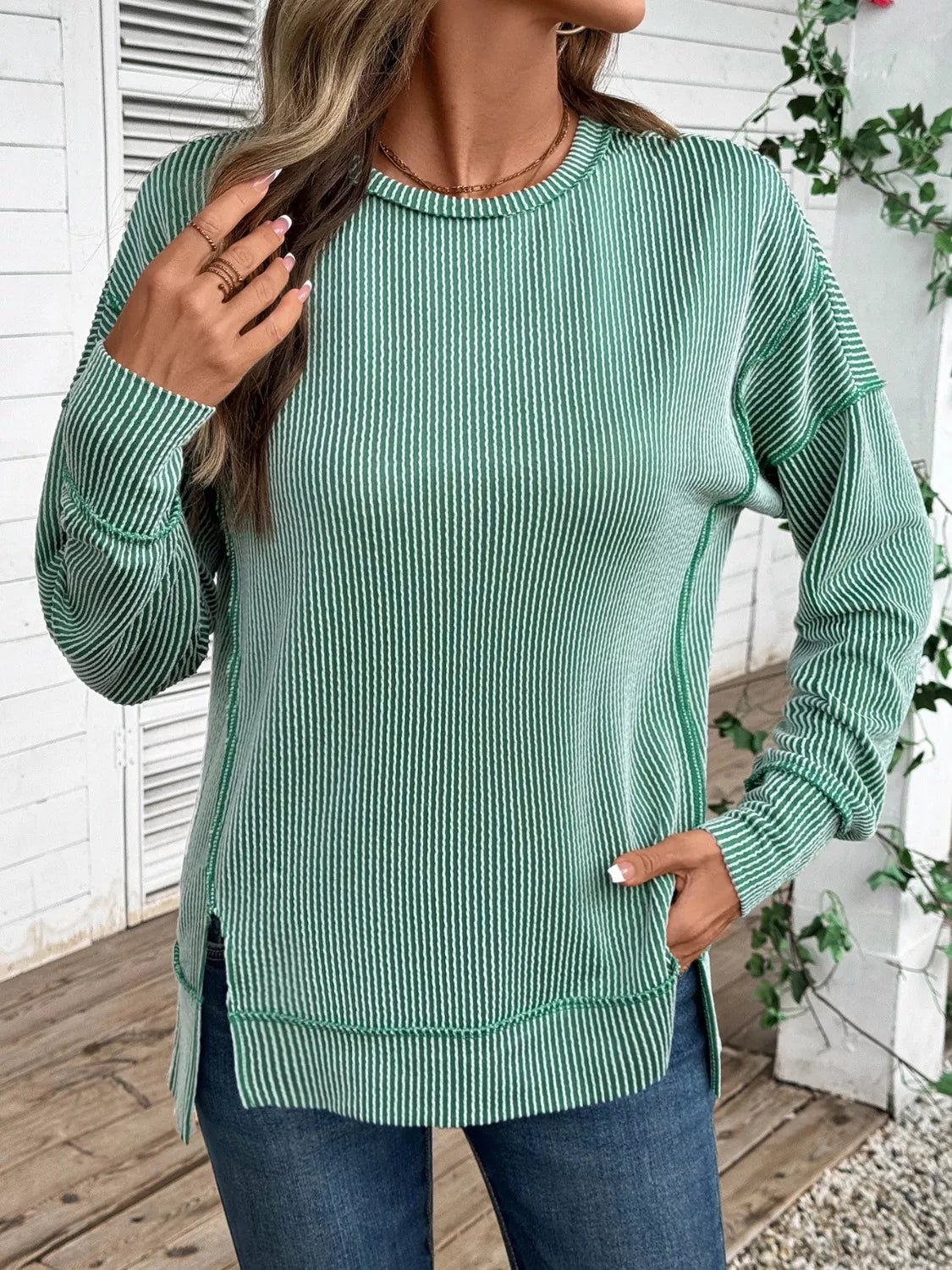 Side Slit Round Neck Sweatshirt - PBNJ FASHIONS
