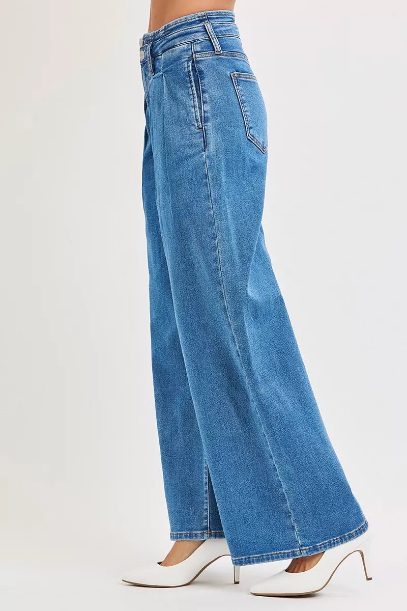 RISEN Full Size Mid Rise Fit Wide Leg with Pleated Detail Jeans Plus Size - PBNJ FASHIONS