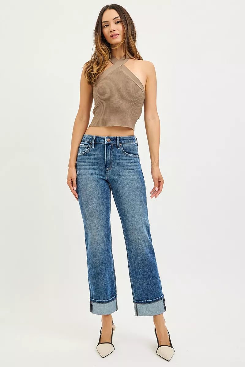 RISEN Full Size 4 Way Stretch Slouchy Straight Jeans with Cuffed Hem Plus Size - PBNJ FASHIONS