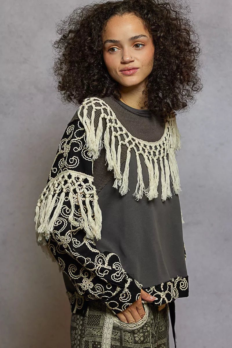 POL Contrast Floral Embroidery Balloon Sleeve Top with Tassel Trim - PBNJ FASHIONS