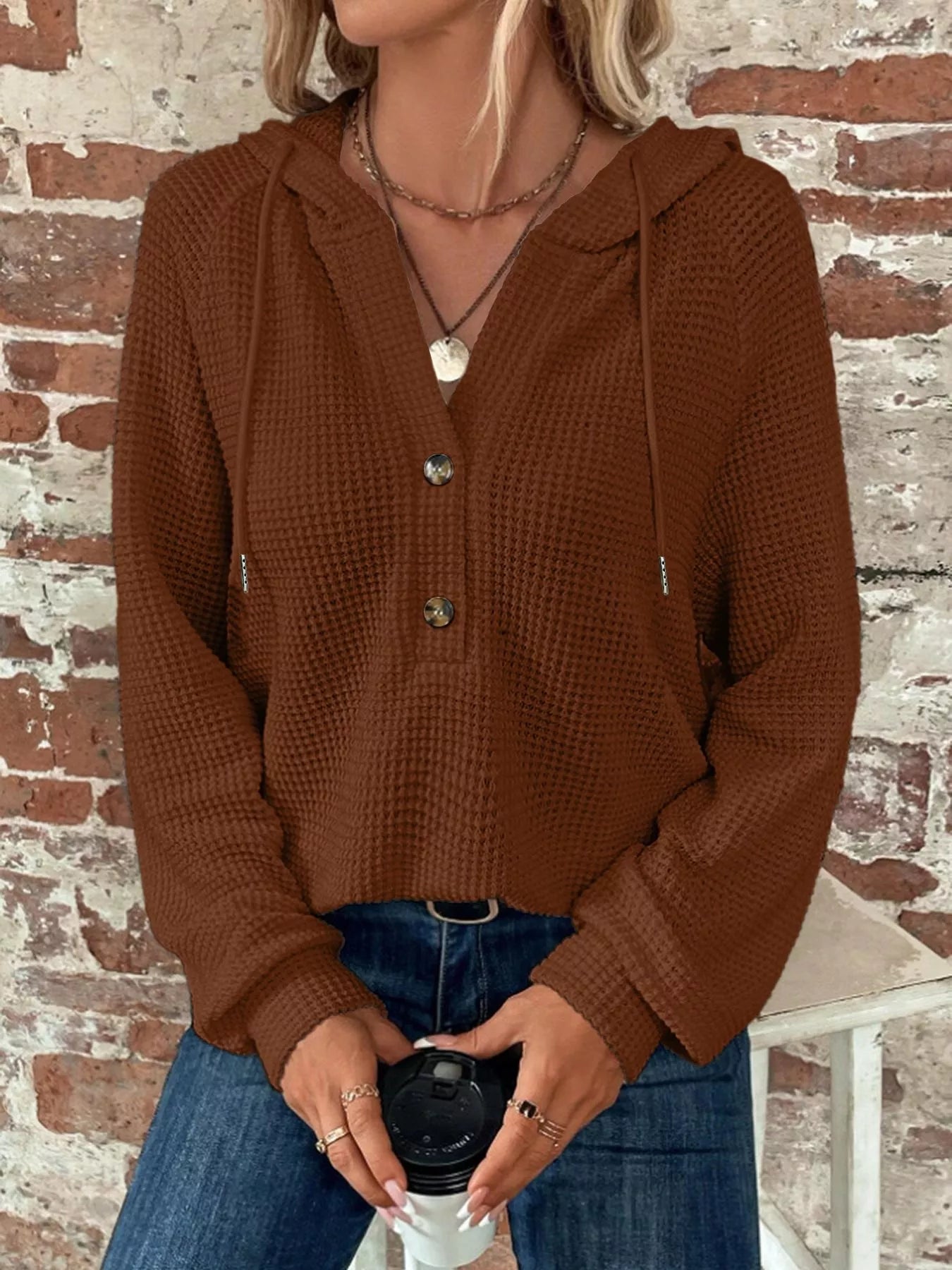 Waffle Knit Button Detail Hoodie - PBNJ FASHIONS