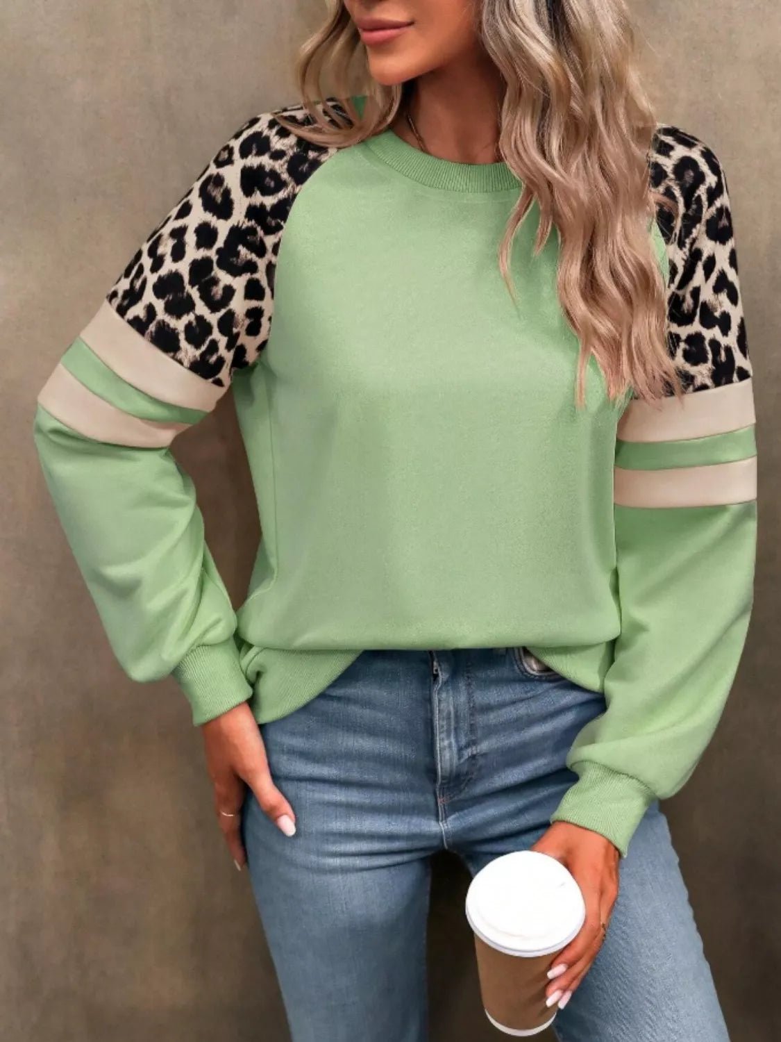 Leopard Raglan Sleeve Striped Sweatshirt - PBNJ FASHIONS