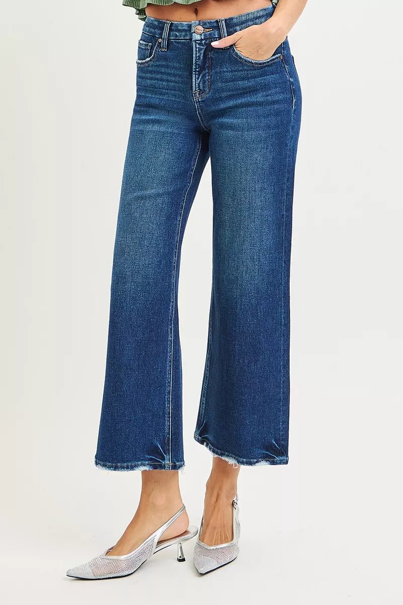RISEN Tummy Control 4 Way Stretch High Rise Crop Wide Leg Jeans - PBNJ FASHIONS