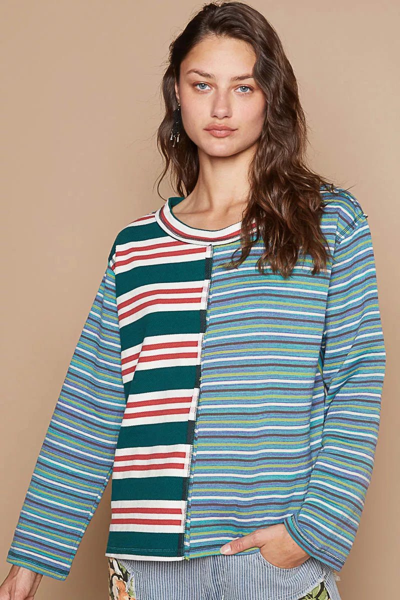 POL Color Block Striped Round Neck Long Sleeve T-Shirt - PBNJ FASHIONS