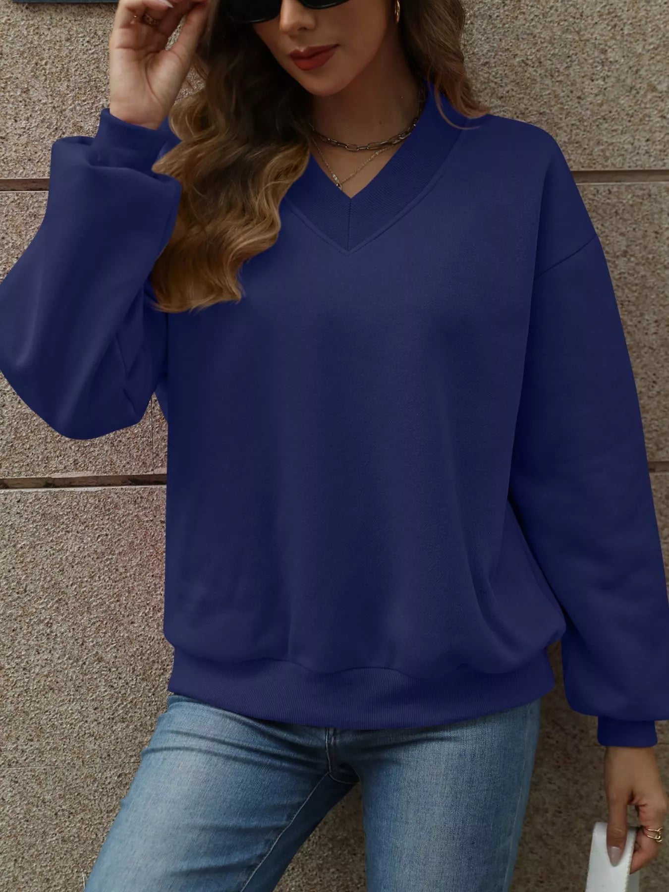 V - Neck Solid Color Casual Sweatshirt - PBNJ FASHIONS