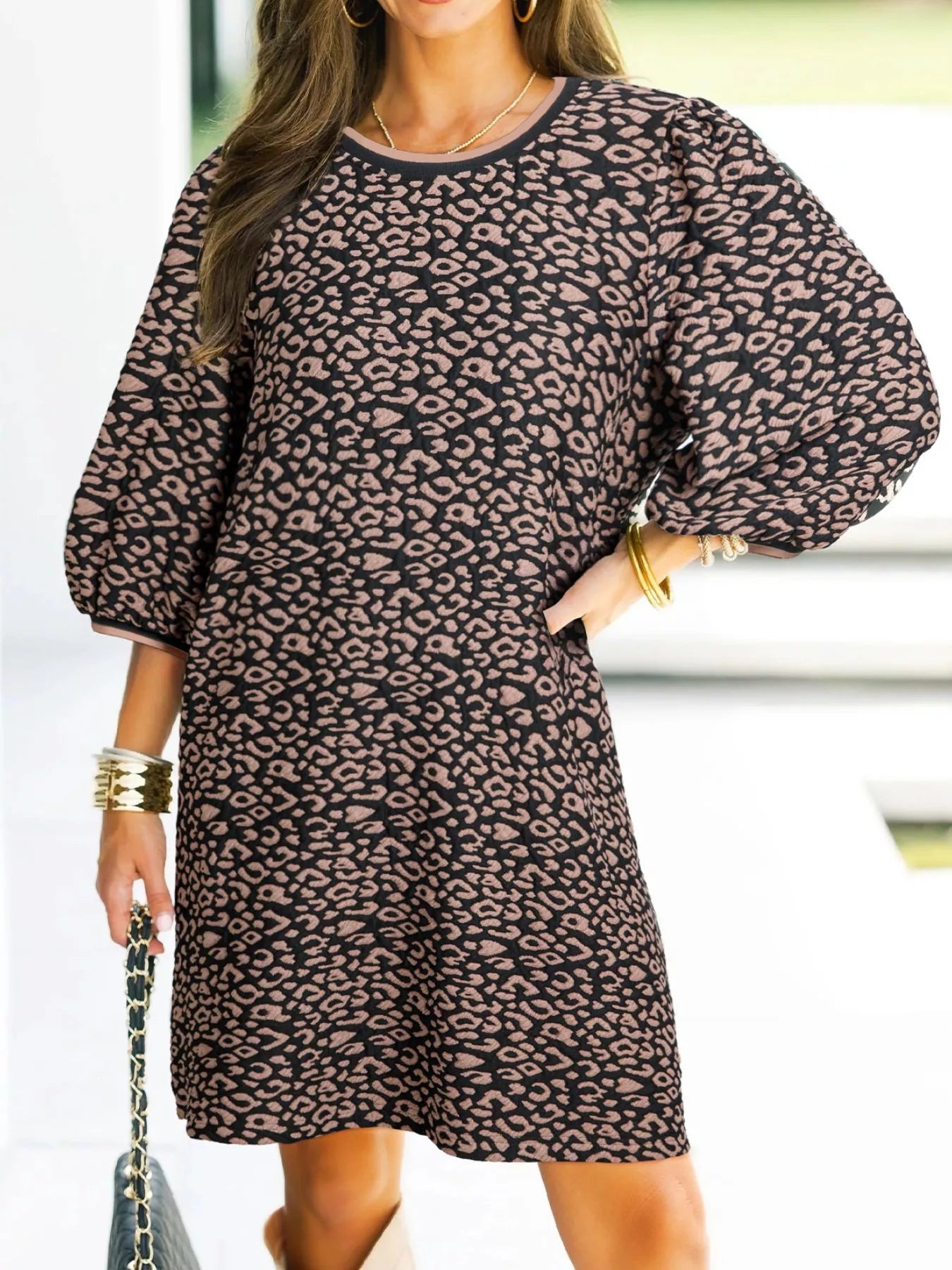 Leopard Print Bubble Sleeve Shift Mini Dress - PBNJ FASHIONS