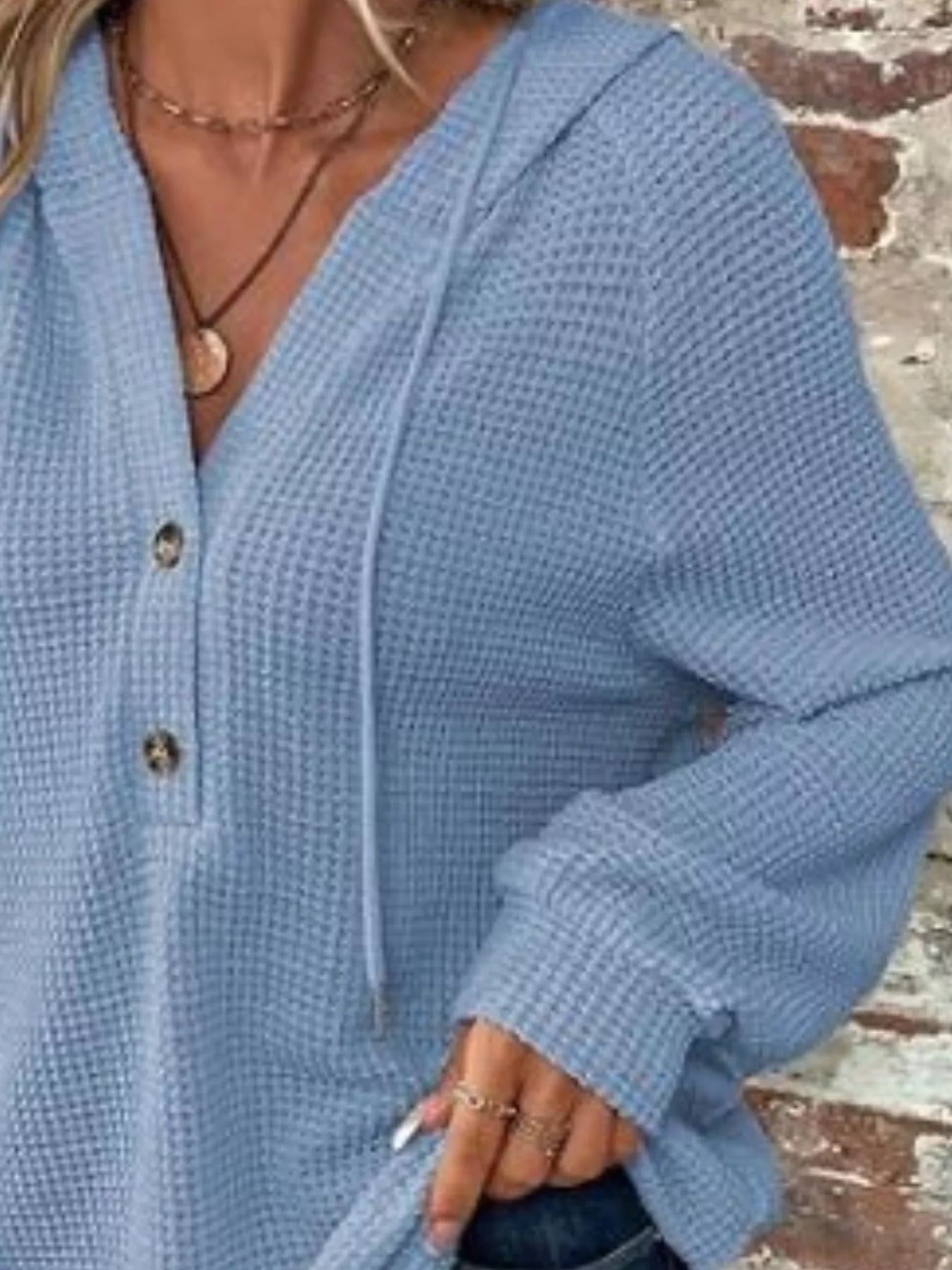 Waffle Knit Button Detail Hoodie - PBNJ FASHIONS
