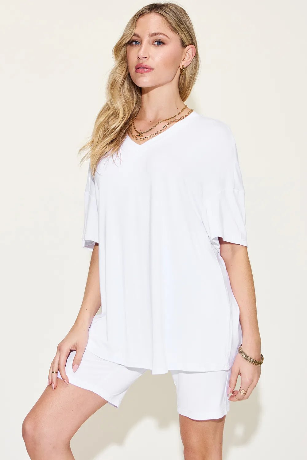 Basic Bae Full Size V - Neck Drop Shoulder T-Shirt and Shorts Set - PBNJ FASHIONS