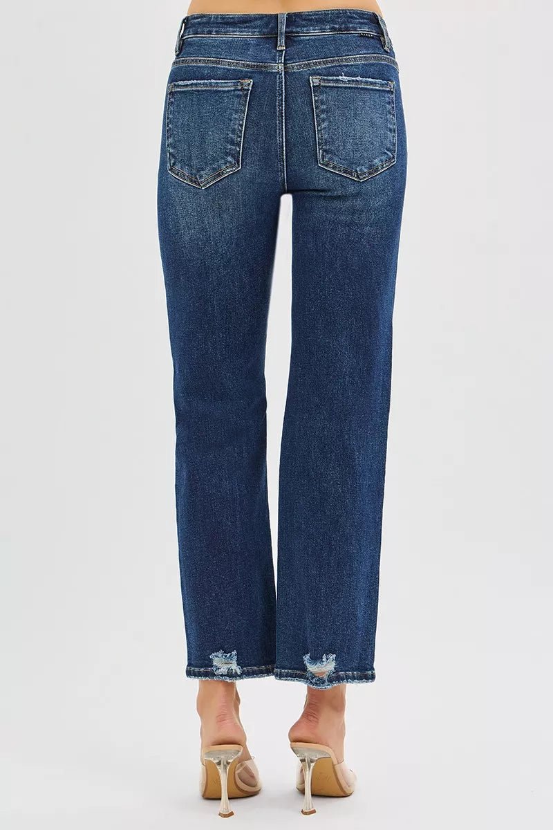 RISEN High Rise Crop Slim Straight Jenas with Hidden Knee Patch - PBNJ FASHIONS