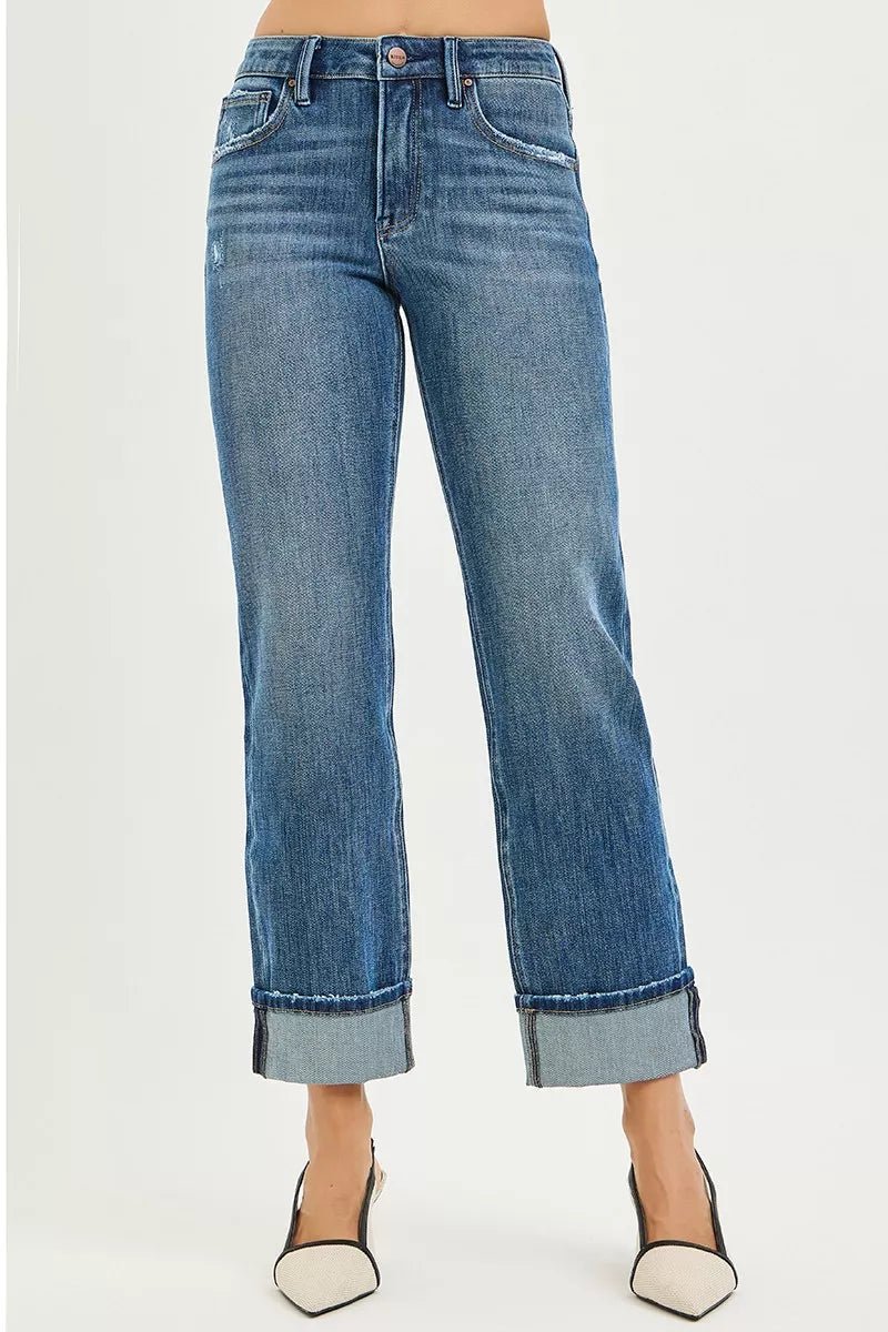 RISEN Full Size 4 Way Stretch Slouchy Straight Jeans with Cuffed Hem Plus Size - PBNJ FASHIONS