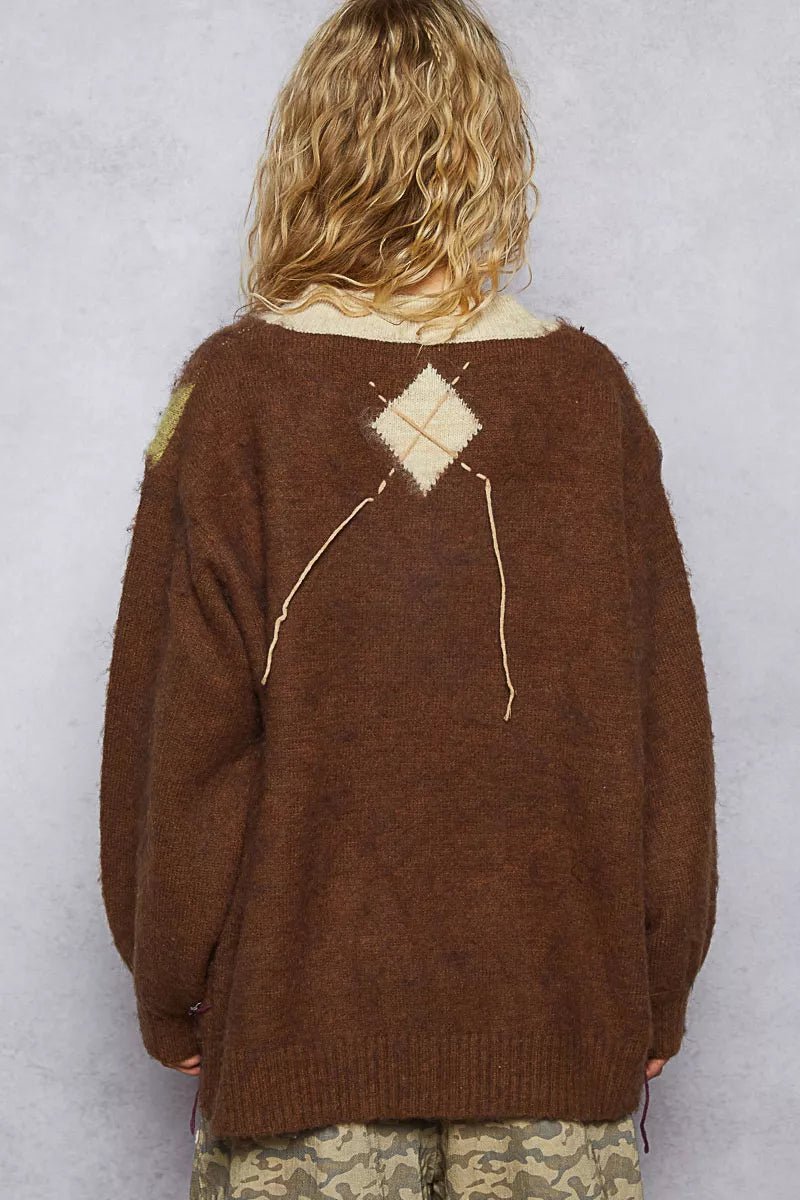 POL V - Neck Argyle Pattern Mohair Sweater with Contrast Exposed Stitch Detail - PBNJ FASHIONS