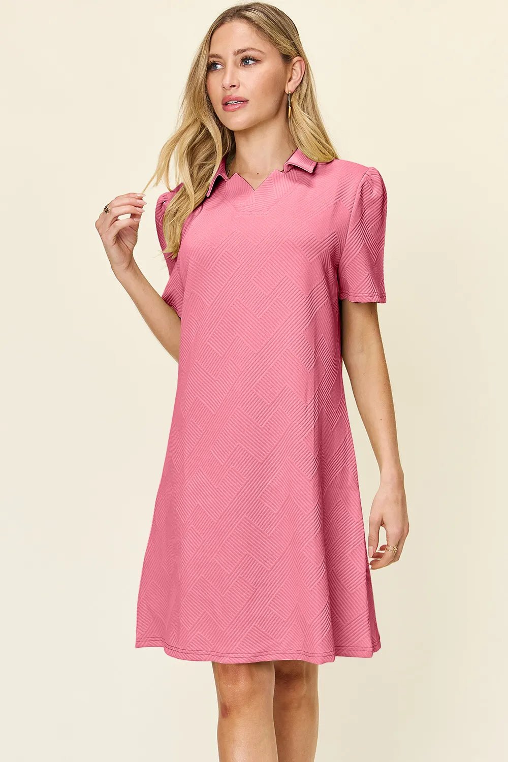 Double Take Full Size Texture Collared Neck Short Sleeve Dress - PBNJ FASHIONS