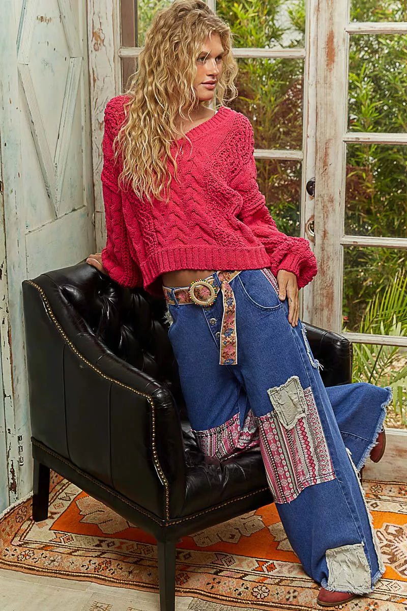 POL Cable - Knit Solid V - Neck Cropped Sweater - PBNJ FASHIONS