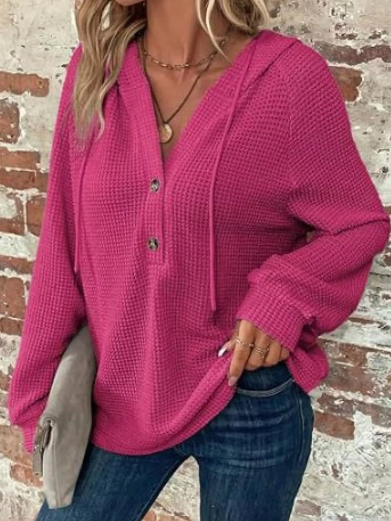 Waffle Knit Button Detail Hoodie - PBNJ FASHIONS
