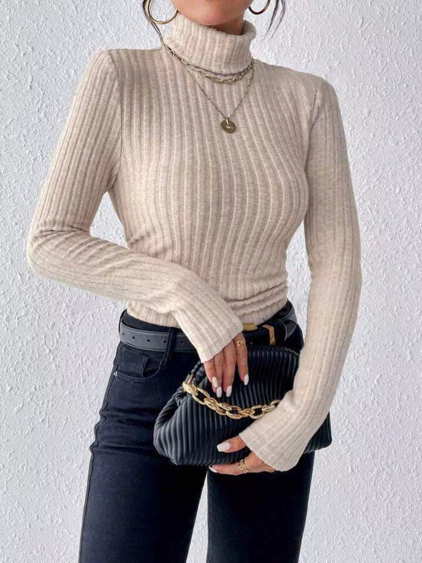 Ribbed Turtleneck Long Sleeve T-Shirt - PBNJ FASHIONS