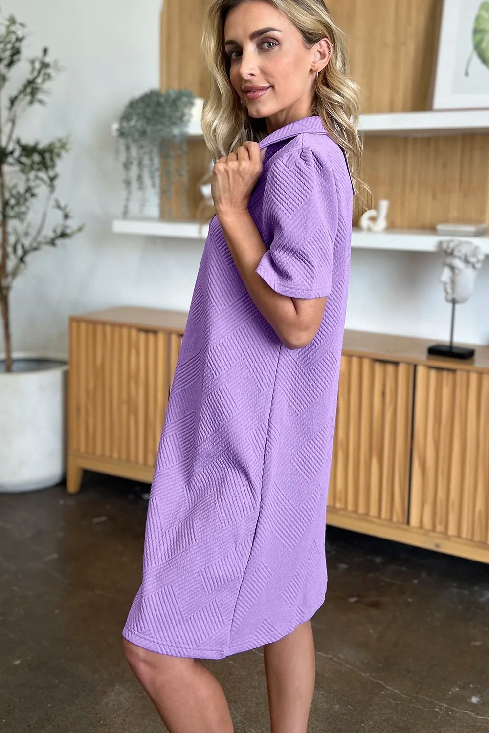 Double Take Full Size Texture Collared Neck Short Sleeve Dress - PBNJ FASHIONS