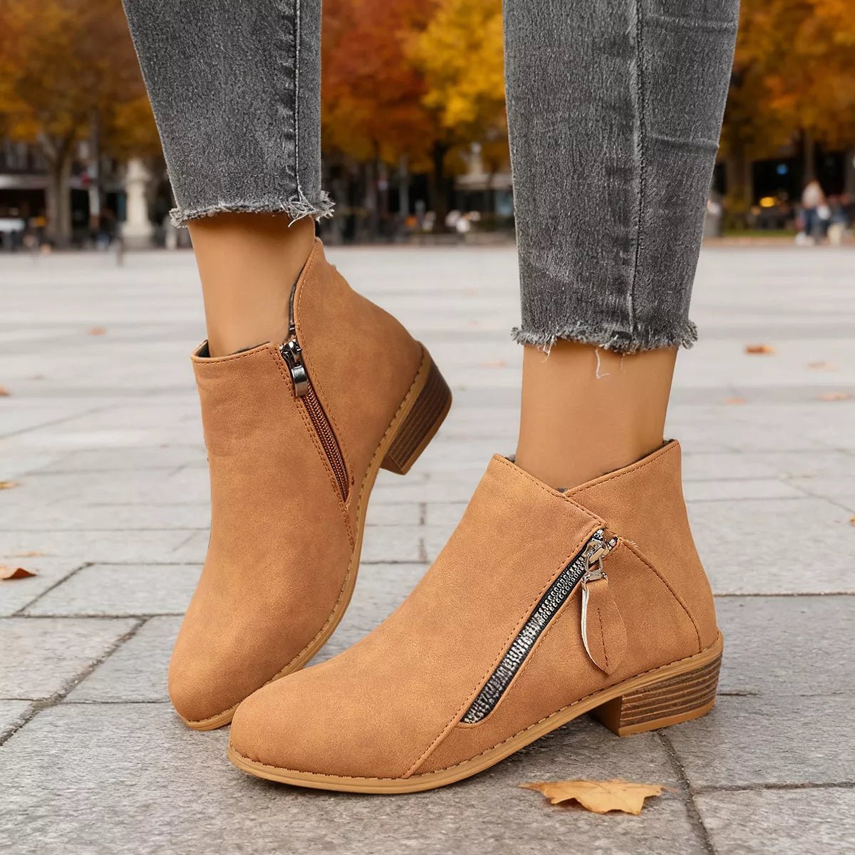 Chic Zip-Up Ankle Boots: Comfortable and Stylish with Block Heels for Effortless Fashion Statements - Brown-36