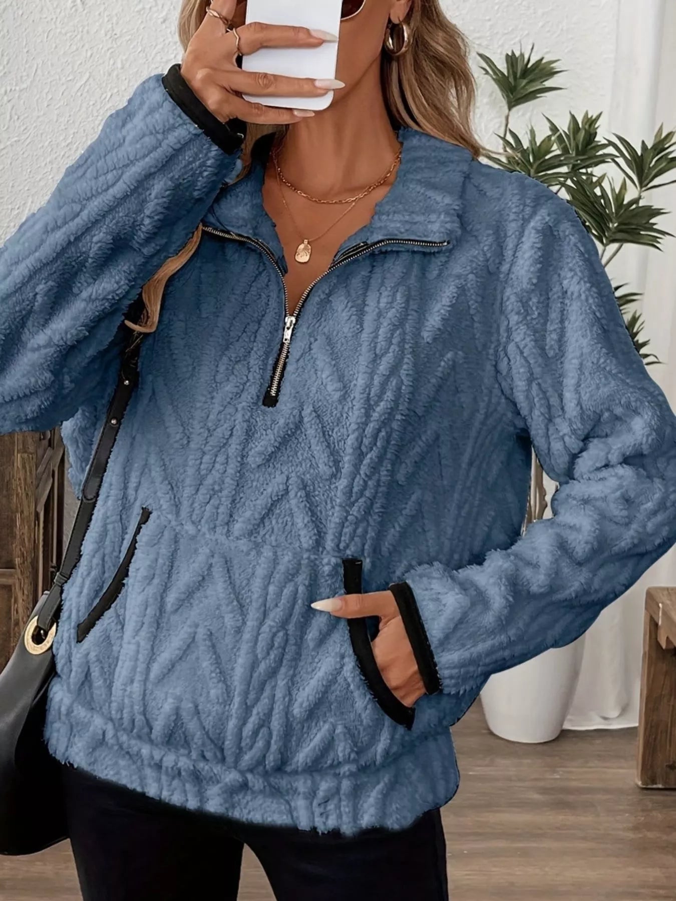 Full Size Half Zip Kangaroo Pocket Sweatshirt Plus Size - PBNJ FASHIONS