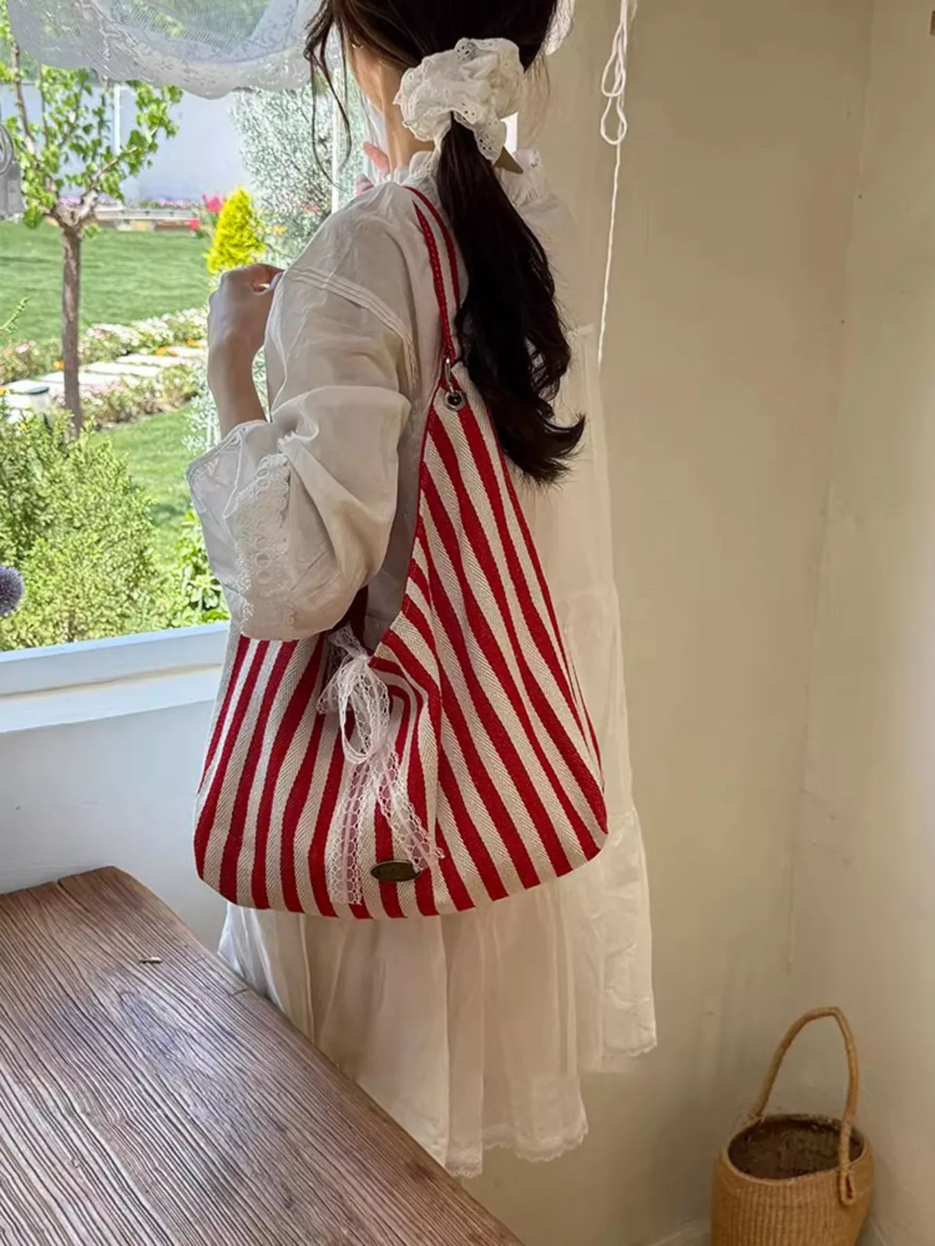 Canvas Tote Bag - Chic Striped Design - Deep RedOne SizeFashionable Purses