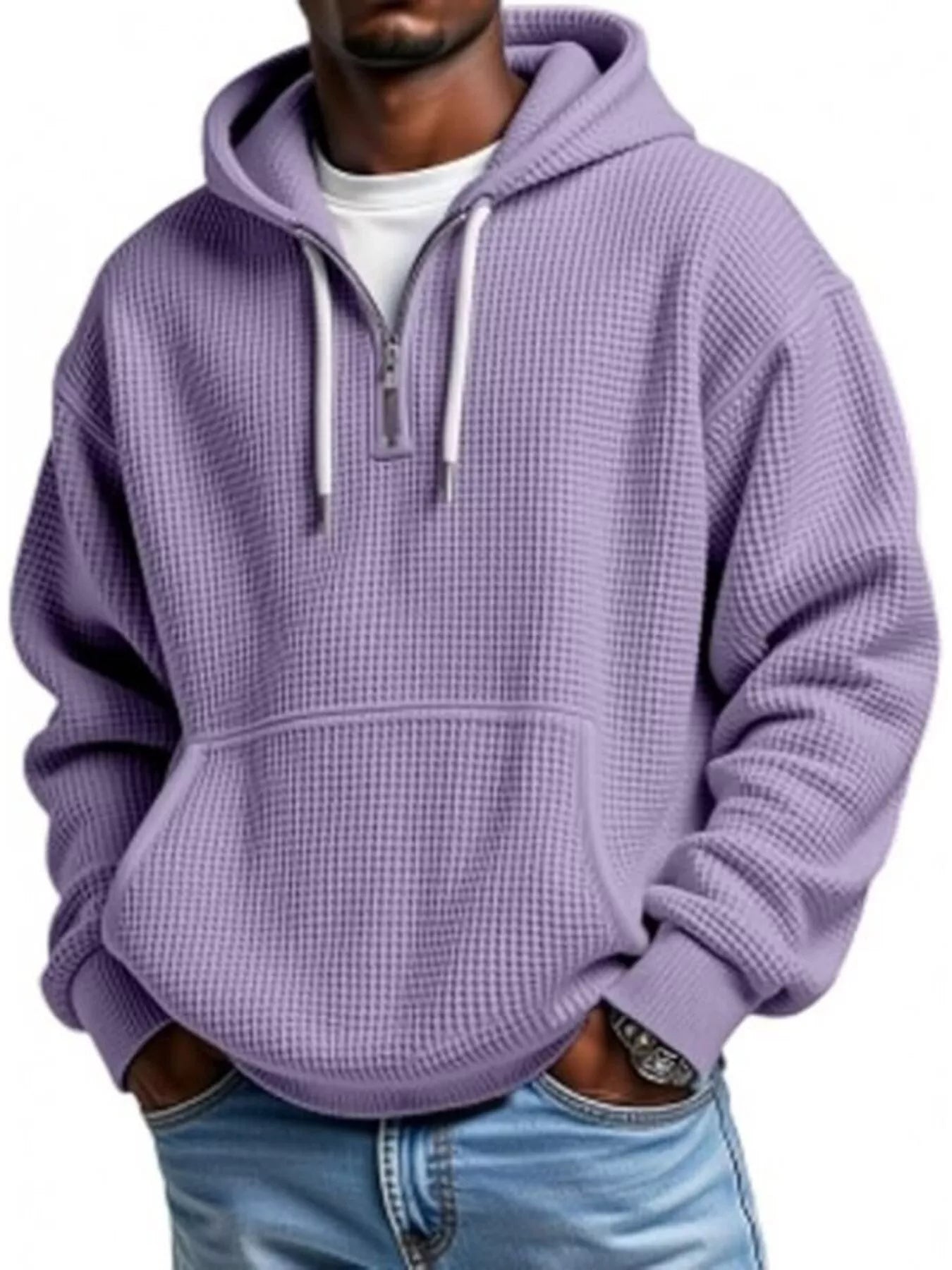 Men's Full Size Waffle Knit Quarter Zip Hoodie Plus Size - PBNJ FASHIONS