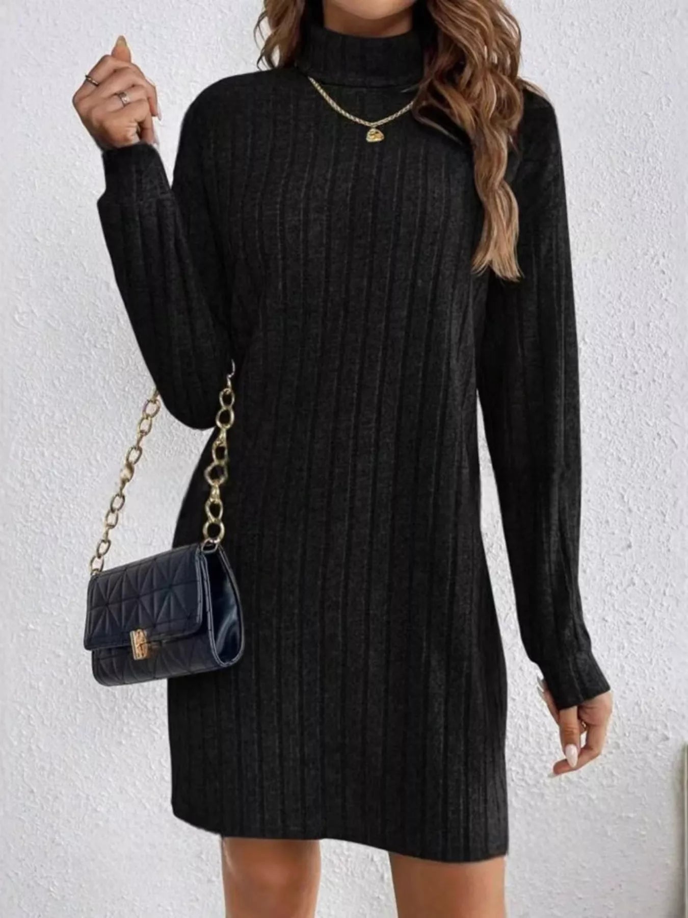 Ribbed Knit Turtleneck Mini Dress - PBNJ FASHIONS