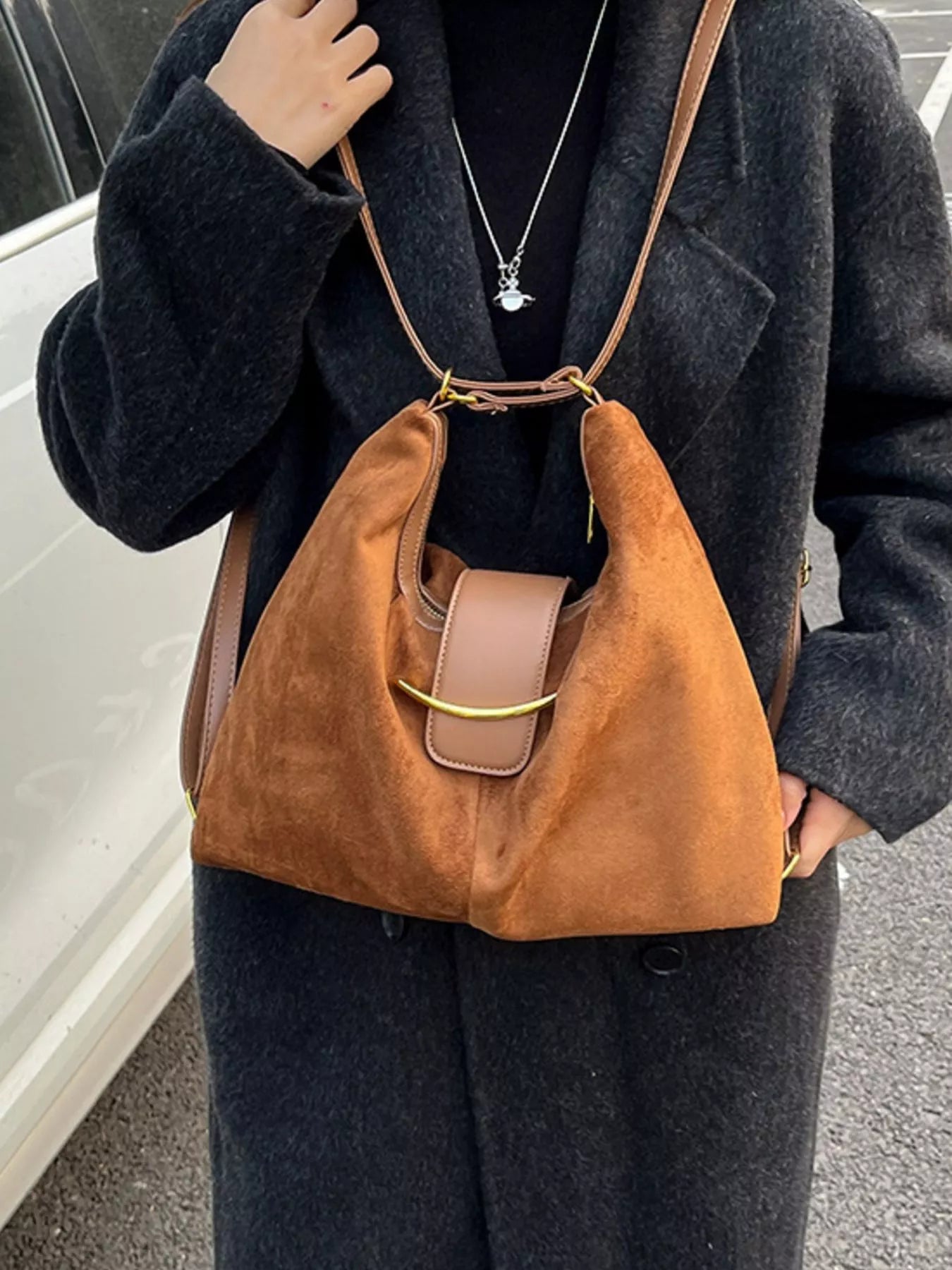 Convertible Suede Backpack Bag with Metal Accent - PBNJ FASHIONS