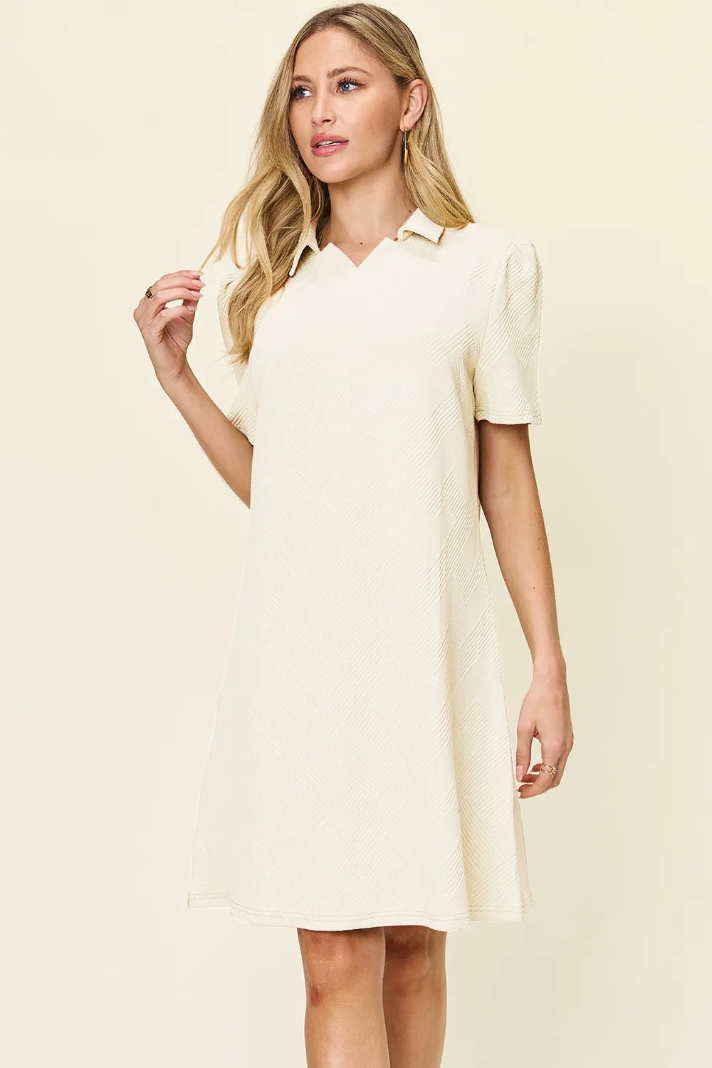Double Take Full Size Texture Collared Neck Short Sleeve Dress - PBNJ FASHIONS