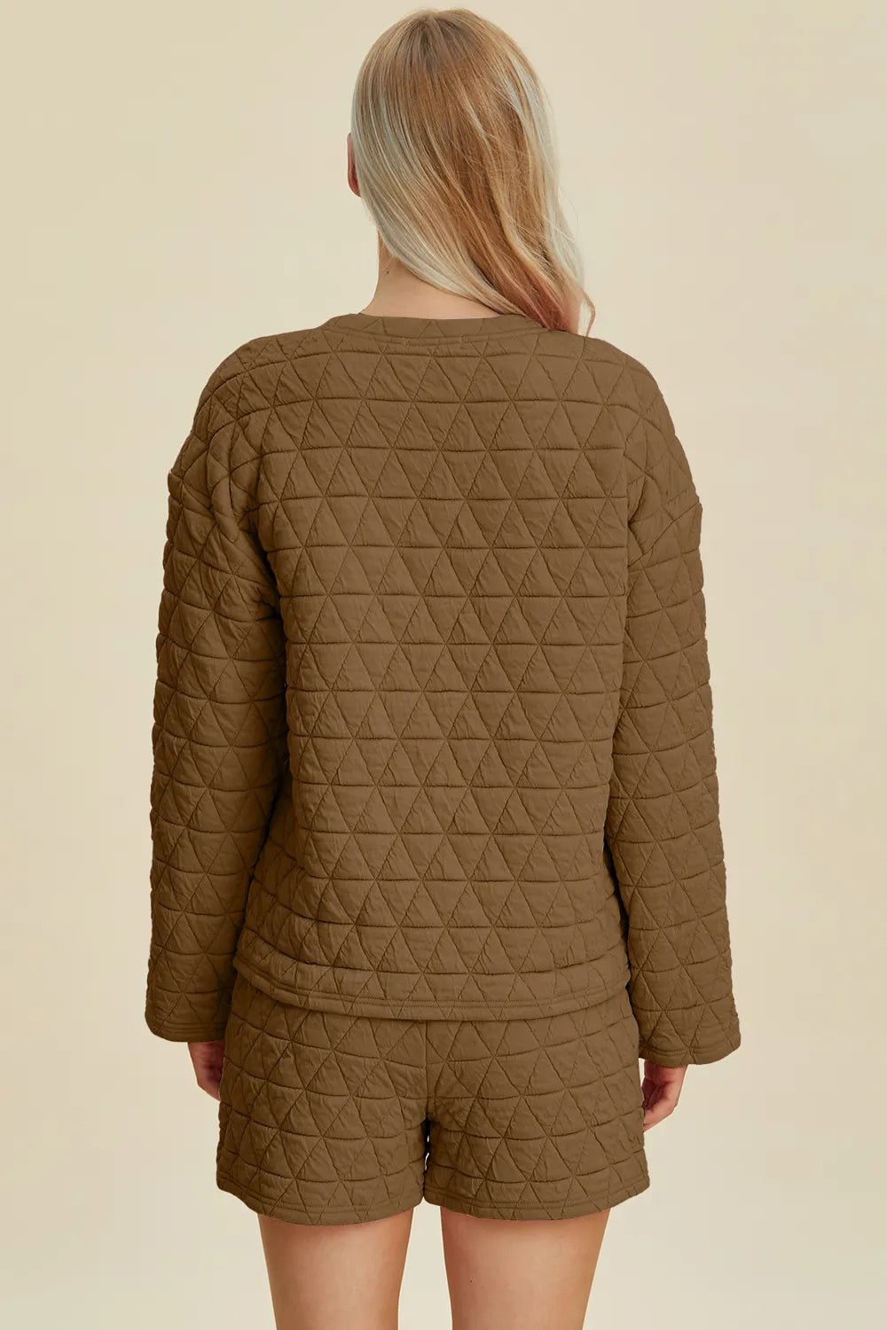 Double Take Full Size Texture Round Neck Long Sleeve Top and Shorts Set - PBNJ FASHIONS