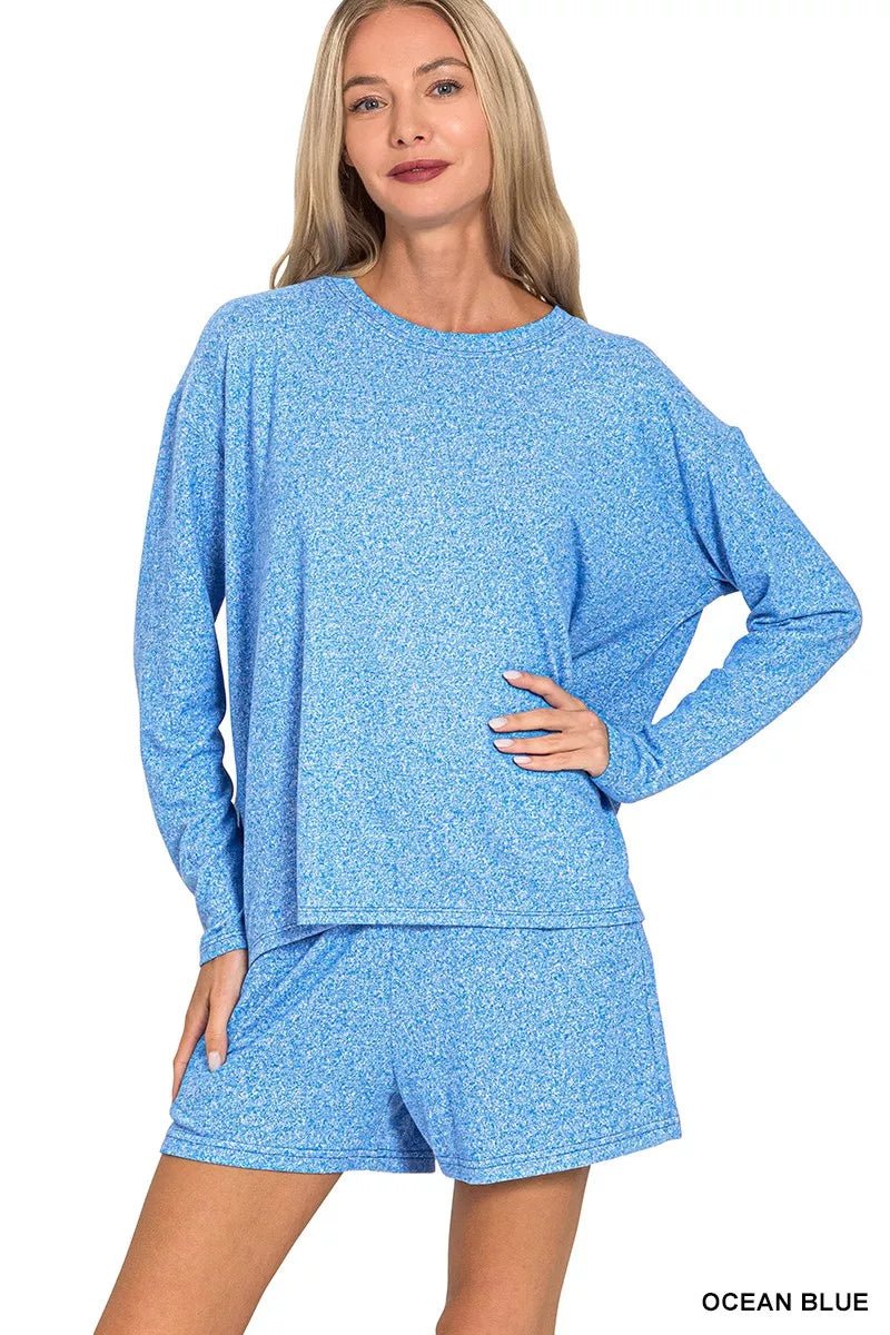 Zenana Soft Melange Long Sleeve Tee and Shorts Set - PBNJ FASHIONS