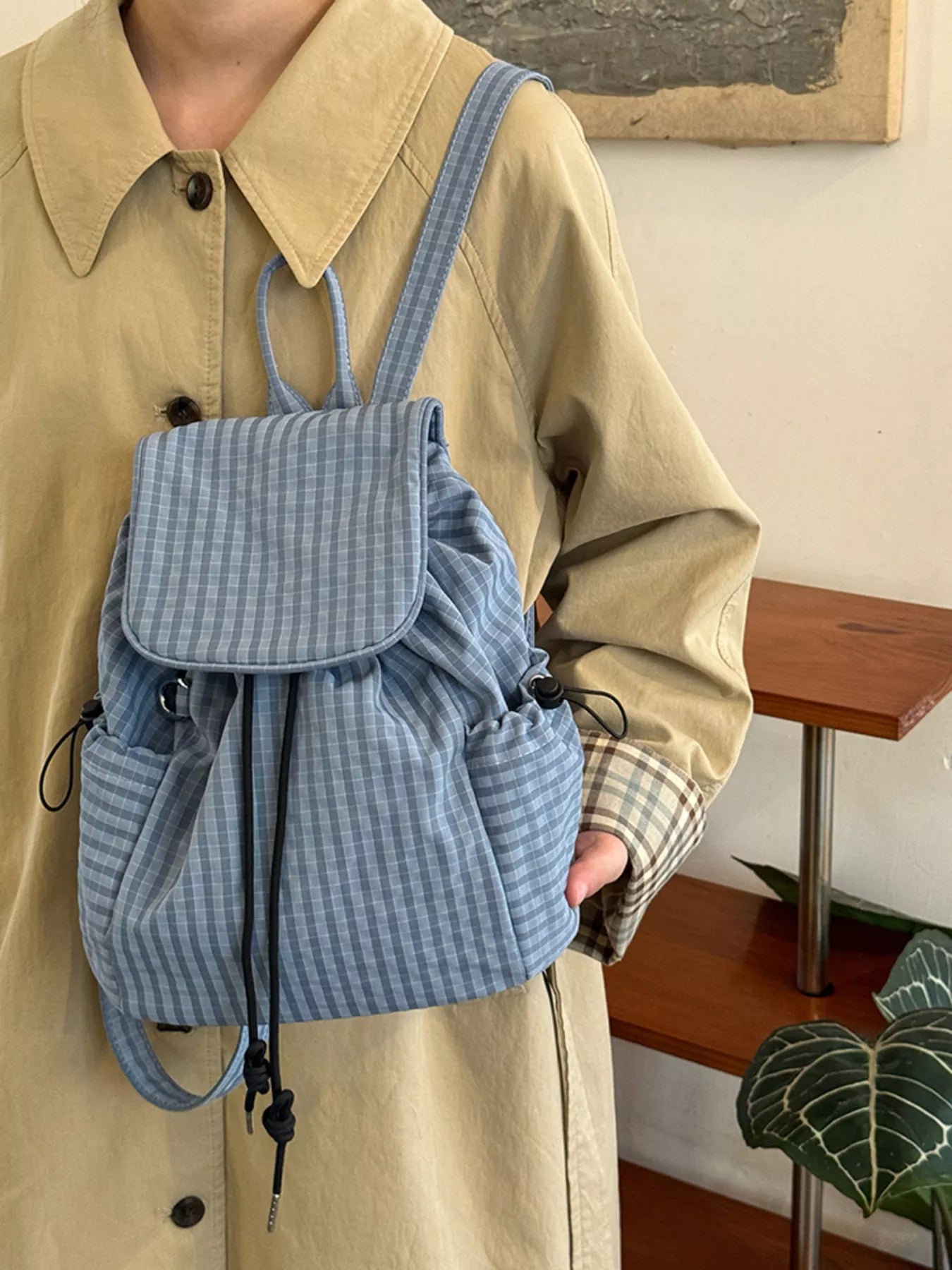 Plaid Drawstring Closure Backpack Bag - PBNJ FASHIONS
